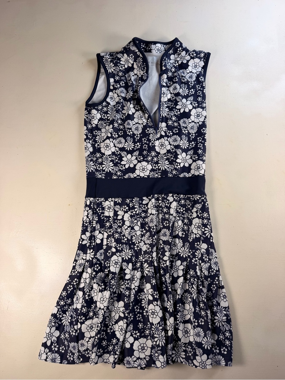 Navy and White Floral Sleeveless Midi Dress with Waistband